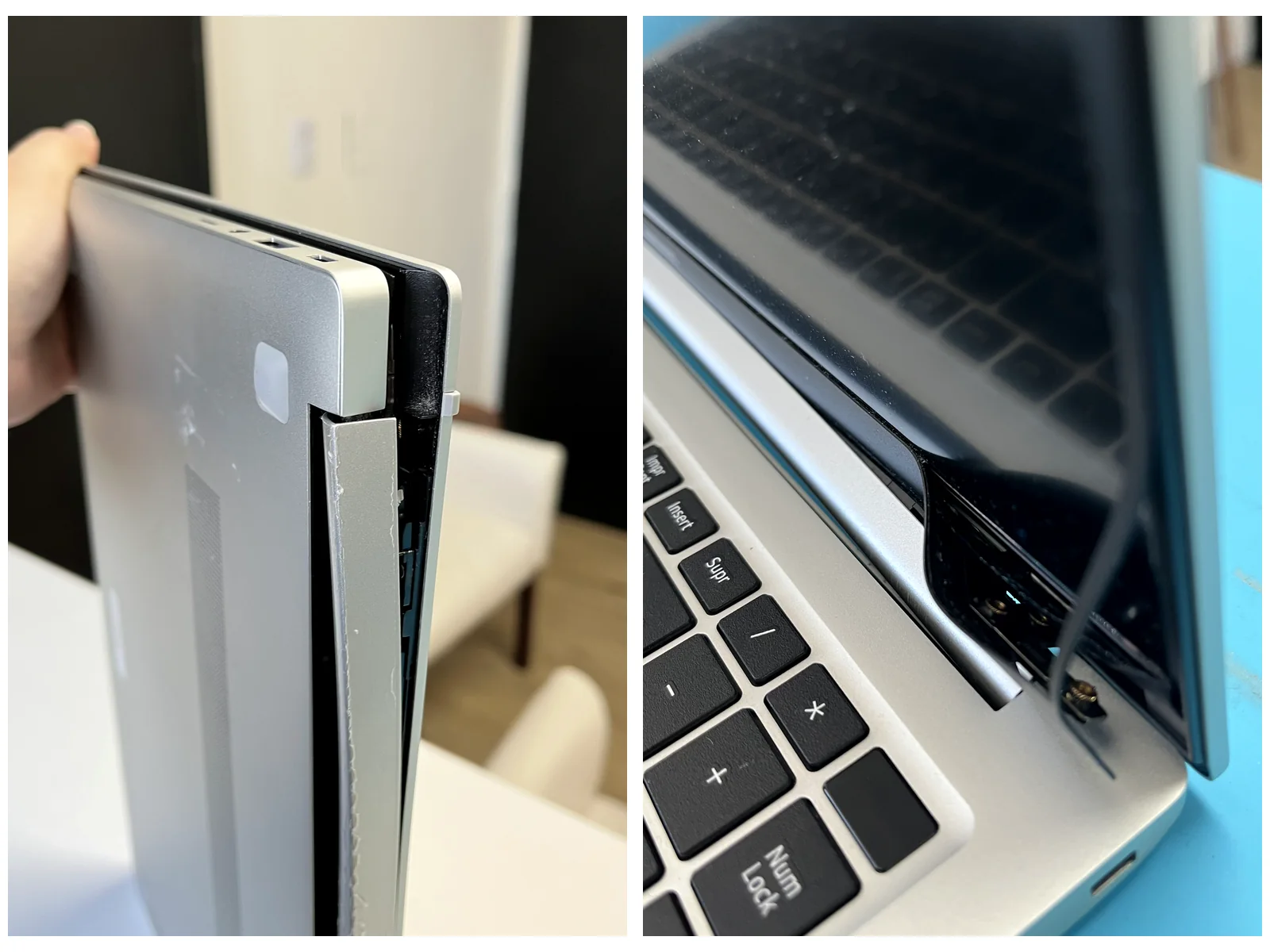 Dos detalles reales de notebooks con la carcasa separada y la bisagra expuesta