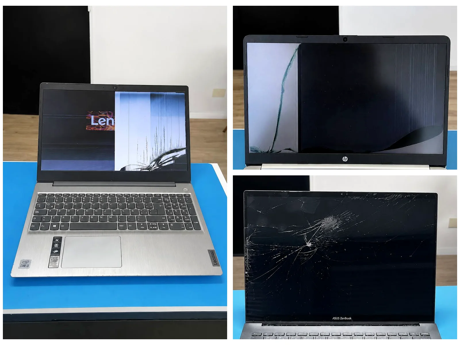 Tres notebooks reales con líneas, manchas y roturas visibles en la pantalla