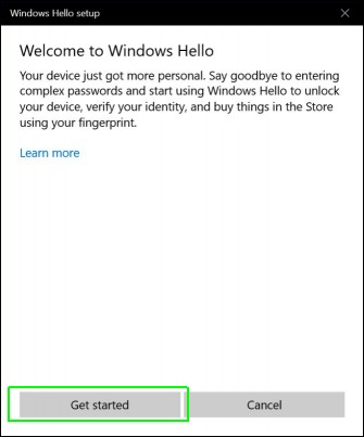 Inicio de configuración de huella en Windows Hello