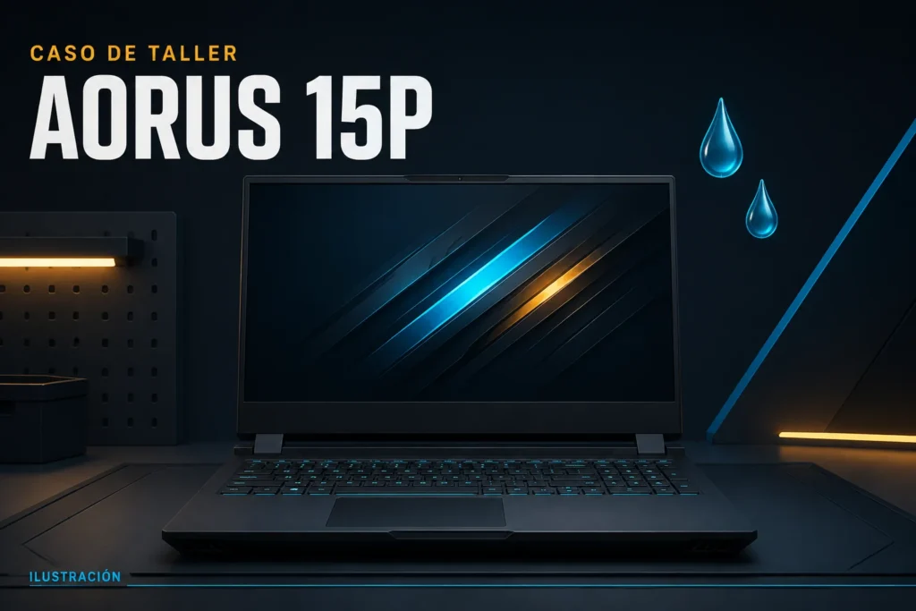 Ilustración conceptual para el caso: AORUS 15P no encendía después de mojarse: reparación de placa