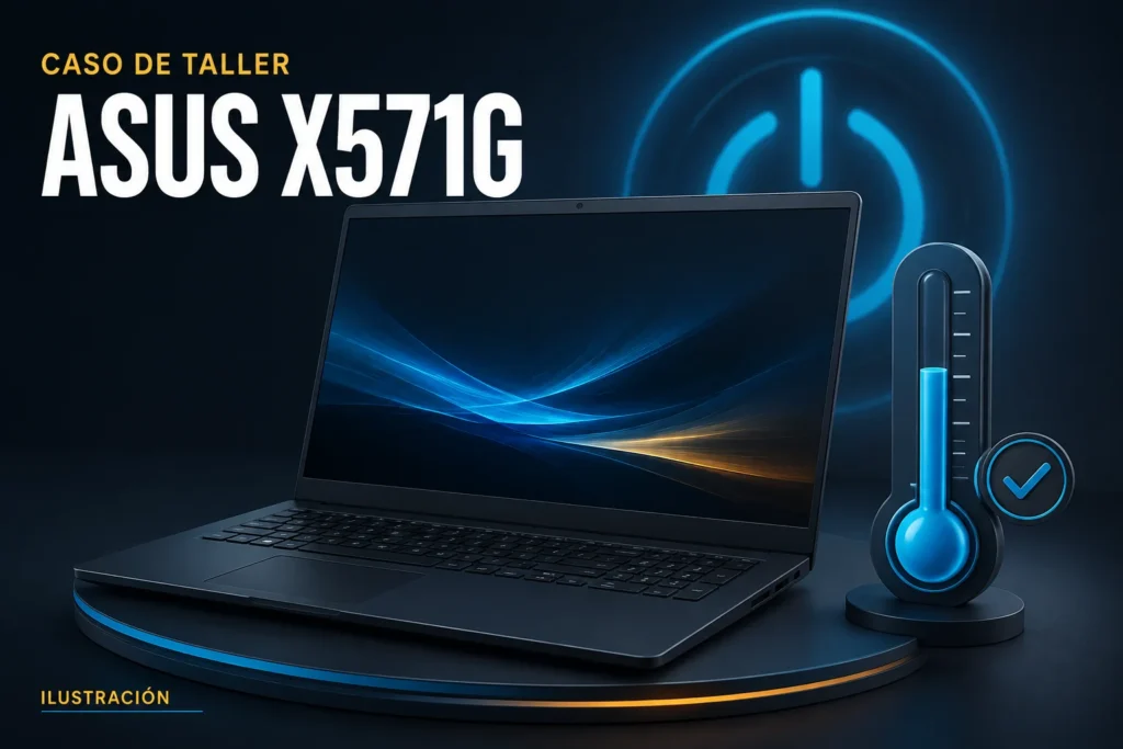 Ilustración conceptual para el caso: ASUS X571G se apagaba con temperatura normal: diagnóstico en placa