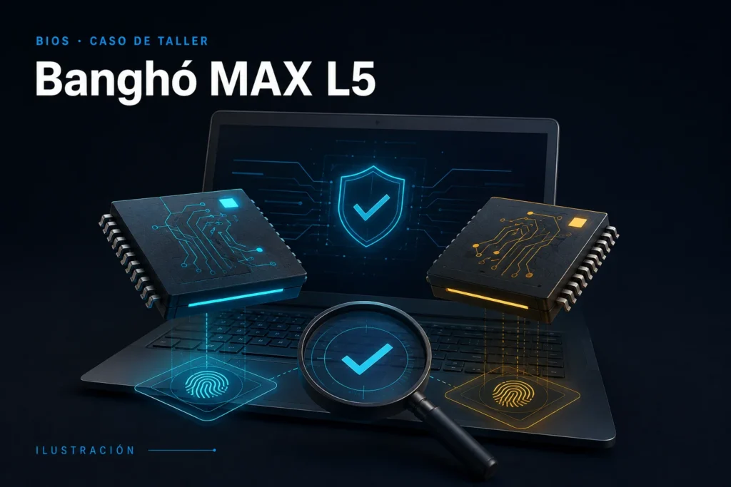 Ilustración conceptual para el caso: Banghó MAX L5: reparación de BIOS para recuperar el equipo