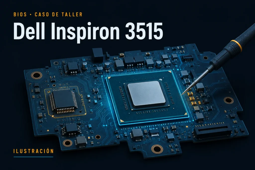 Ilustración conceptual para el caso: Dell Inspiron 3515: dos luces ámbar, una blanca y falla en placa