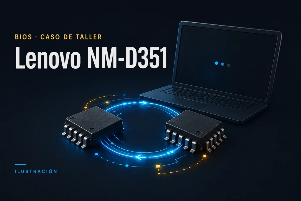 Ilustración conceptual para el caso: Lenovo NM-D351 no arranca: BIOS Self Healing y diagnóstico de placa