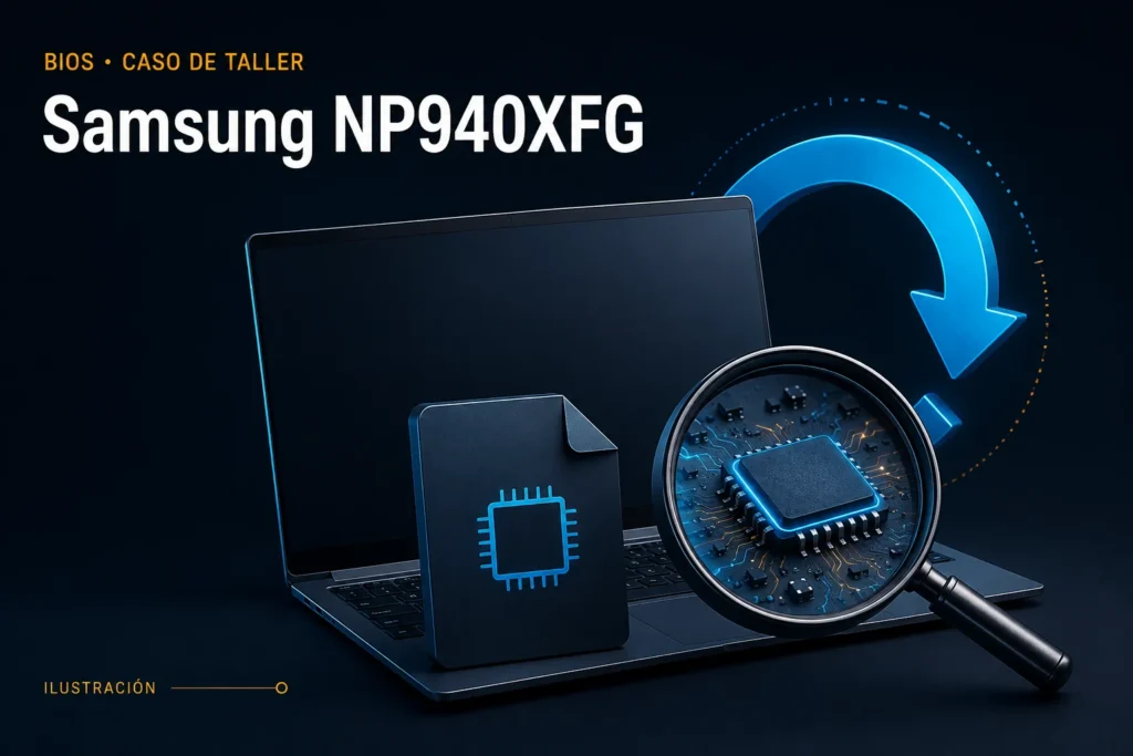 Ilustración conceptual para el caso: Samsung NP940XFG se reiniciaba: diagnóstico de BIOS y motherboard