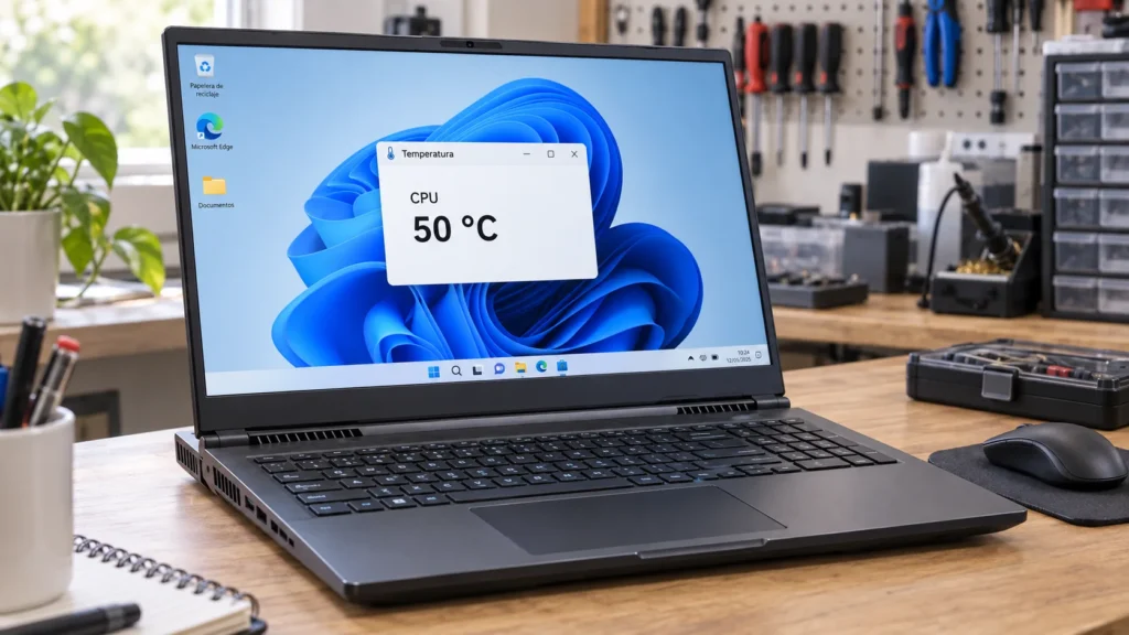 Imagen ilustrativa de una notebook sobre un escritorio con Windows y una ventana de temperatura de 50 °C
