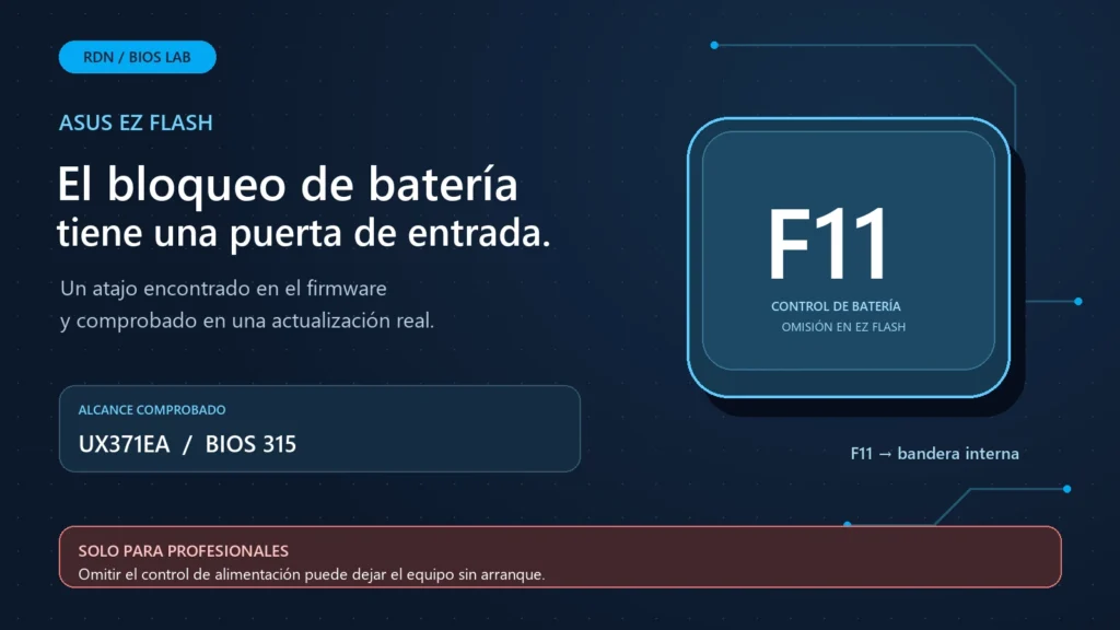 Gráfica editorial de la tecla F11 en ASUS EZ Flash, con alcance UX371EA BIOS 315 y advertencia de uso profesional