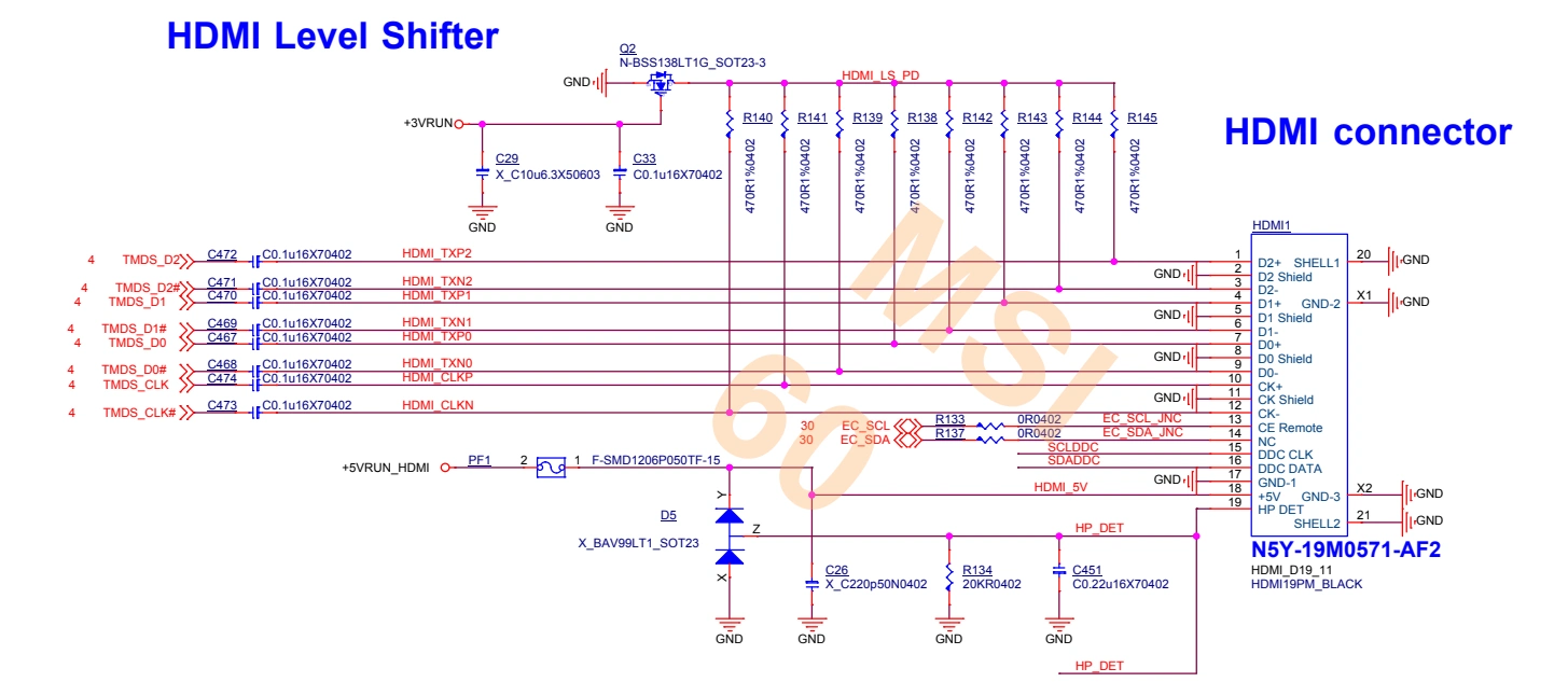 Redes TMDS, capacitores C467 a C474 y conector HDMI1 en el esquema de referencia